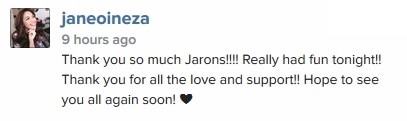 Jane thanks JaRons for their love and support