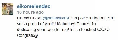 Aiko, na-touch nang i-dedicate sa kanya ni Jomari ang race nito