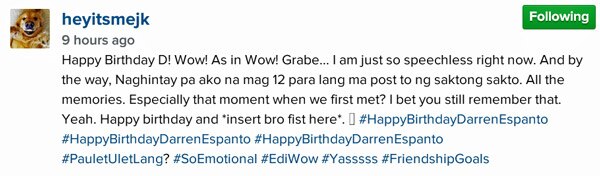 JK's birthday message for his bestfriend Darren