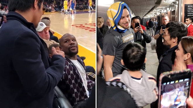 Look Manny Pacquiao Meets Stephen Curry And Floyd Mayweather Jr During An Nba Game Push Com Ph Your Ultimate Showbiz Hub